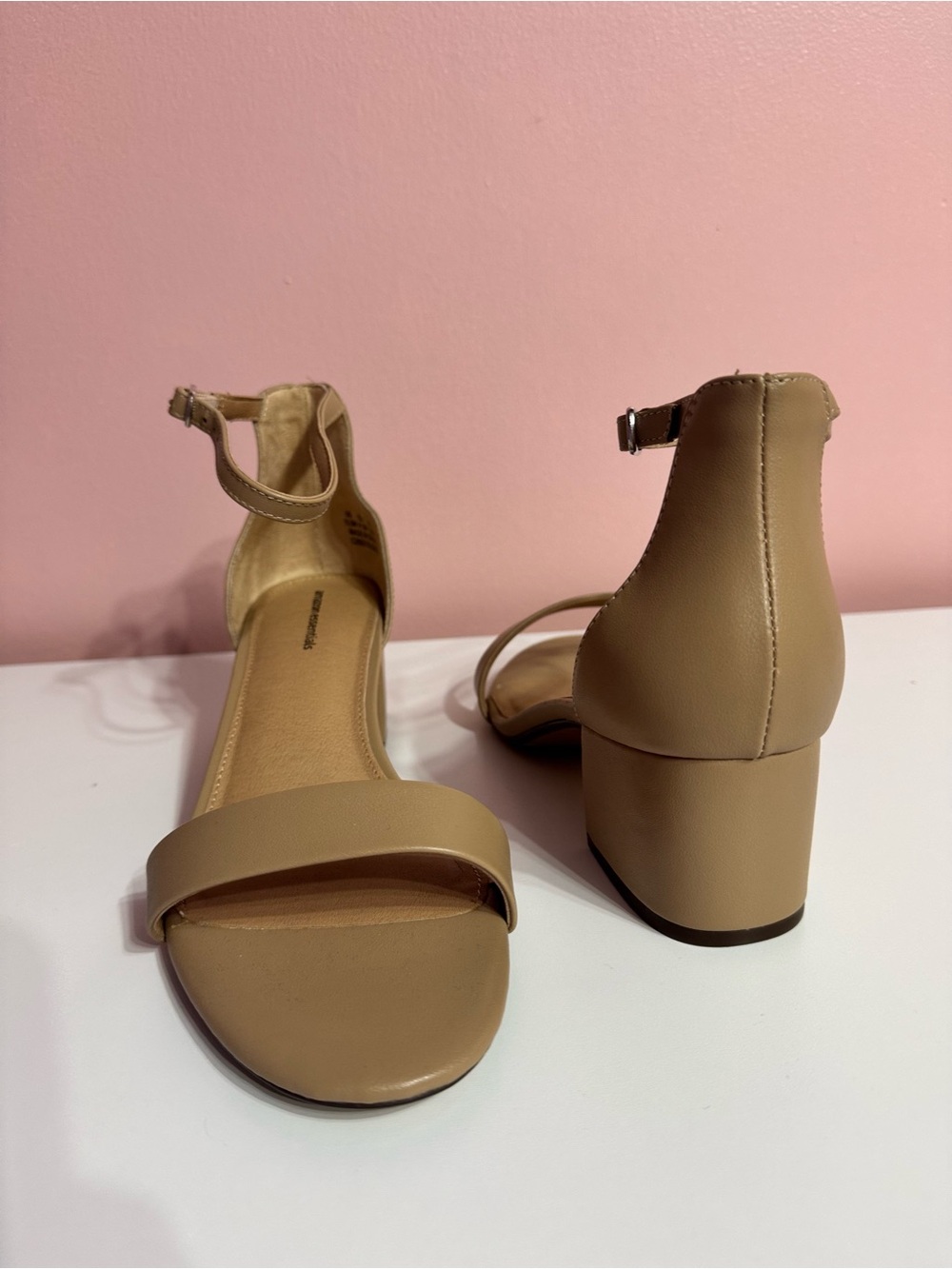 Classic Ankle-Strap Block Heel Sandals in Beige